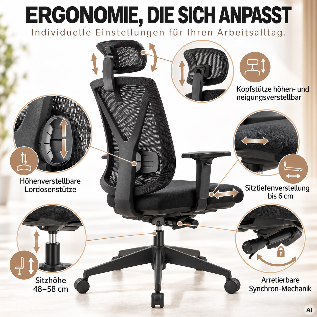 Ergo Studio L mit Kopfstütze - Bürostuhl mit Netz